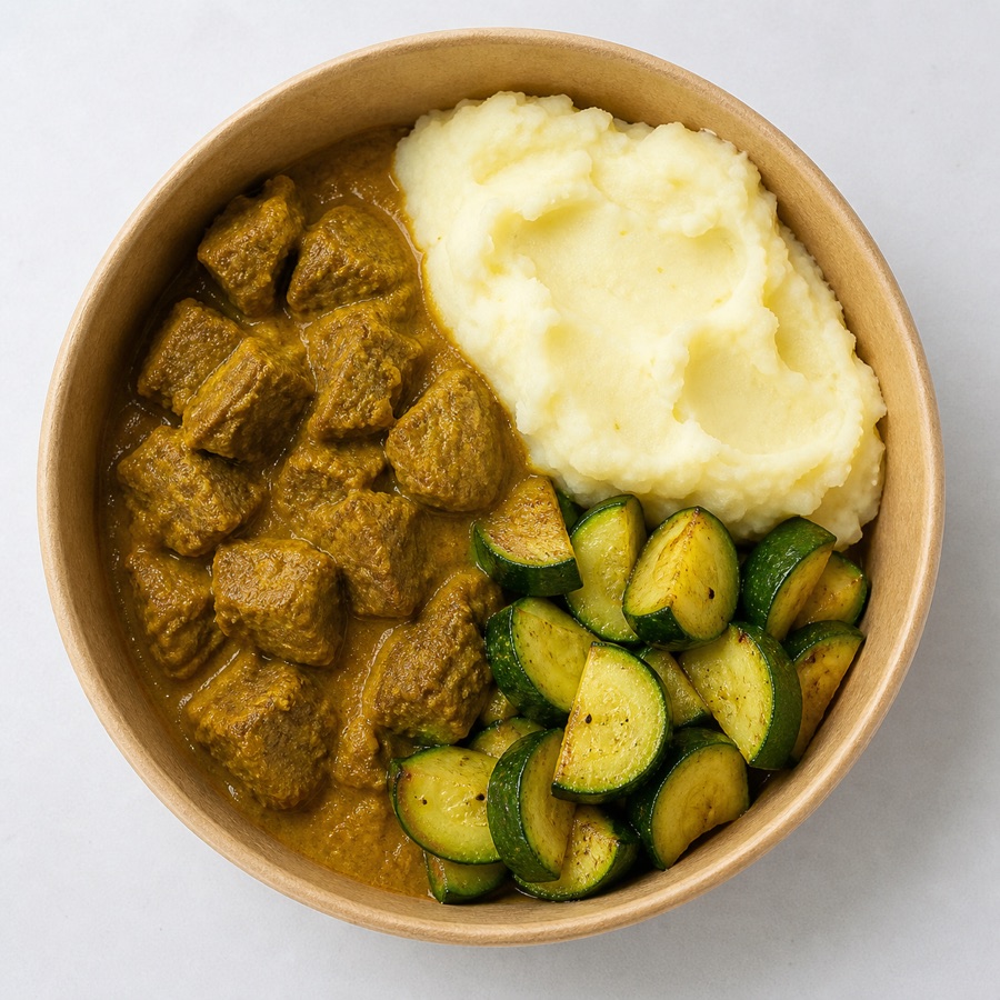 Vista cenital de Carne de vacuno al curry con puré natural de papa y zucchini