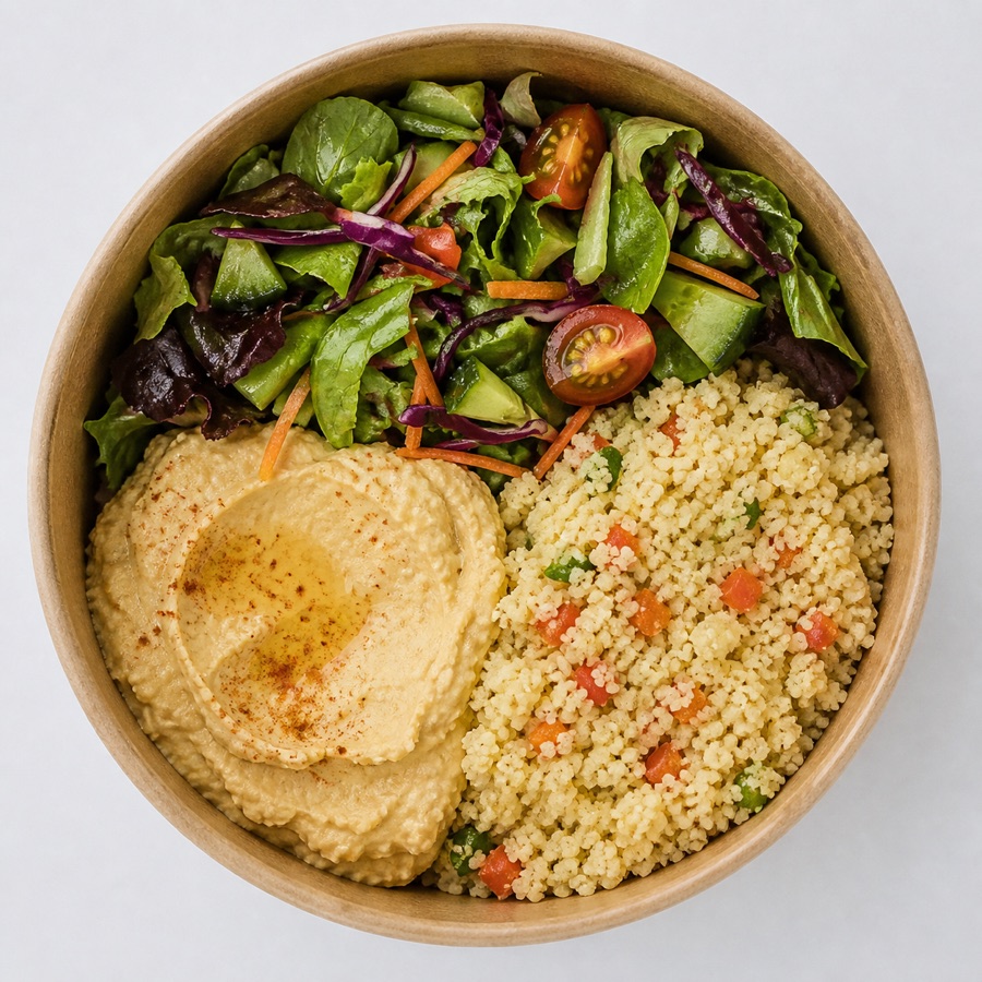 Vista cenital de Mix de ensaladas con hummus y cuscús