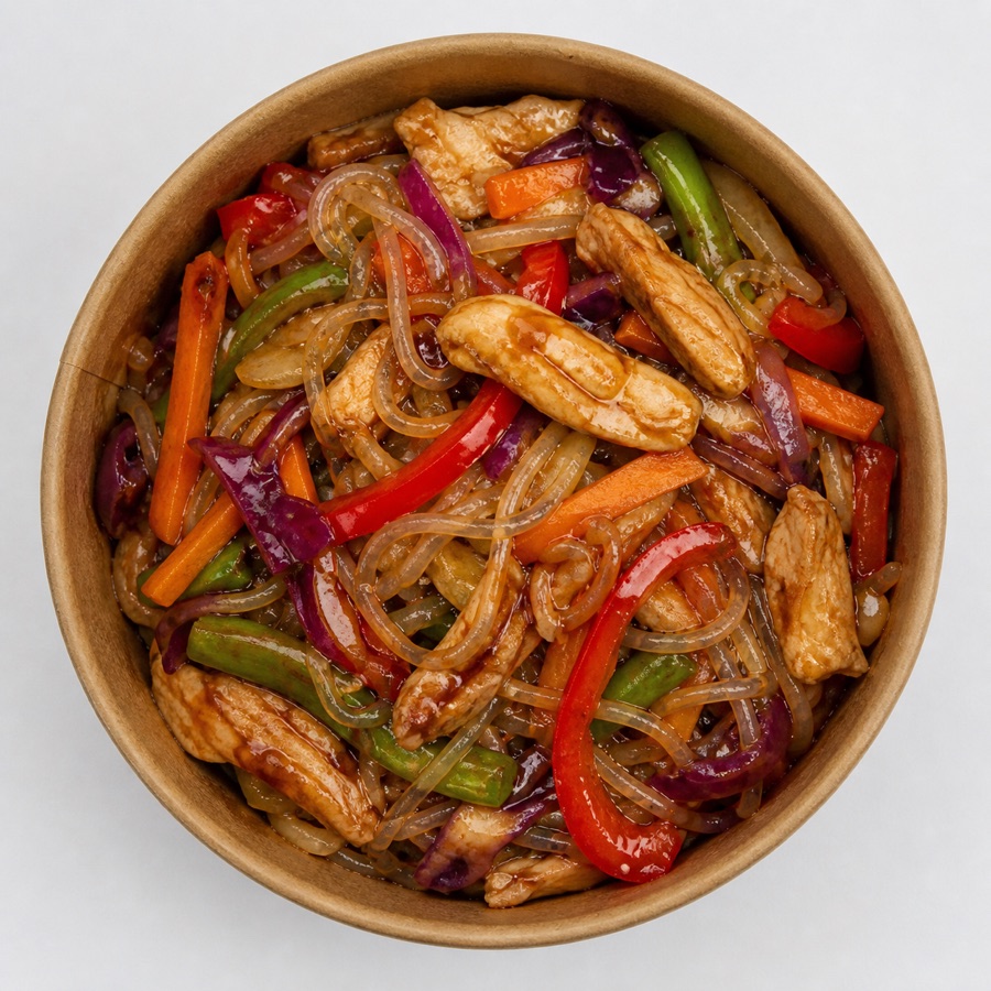 Vista cenital de Fideos de arroz con pollo, vegetales y salsa teriyaki