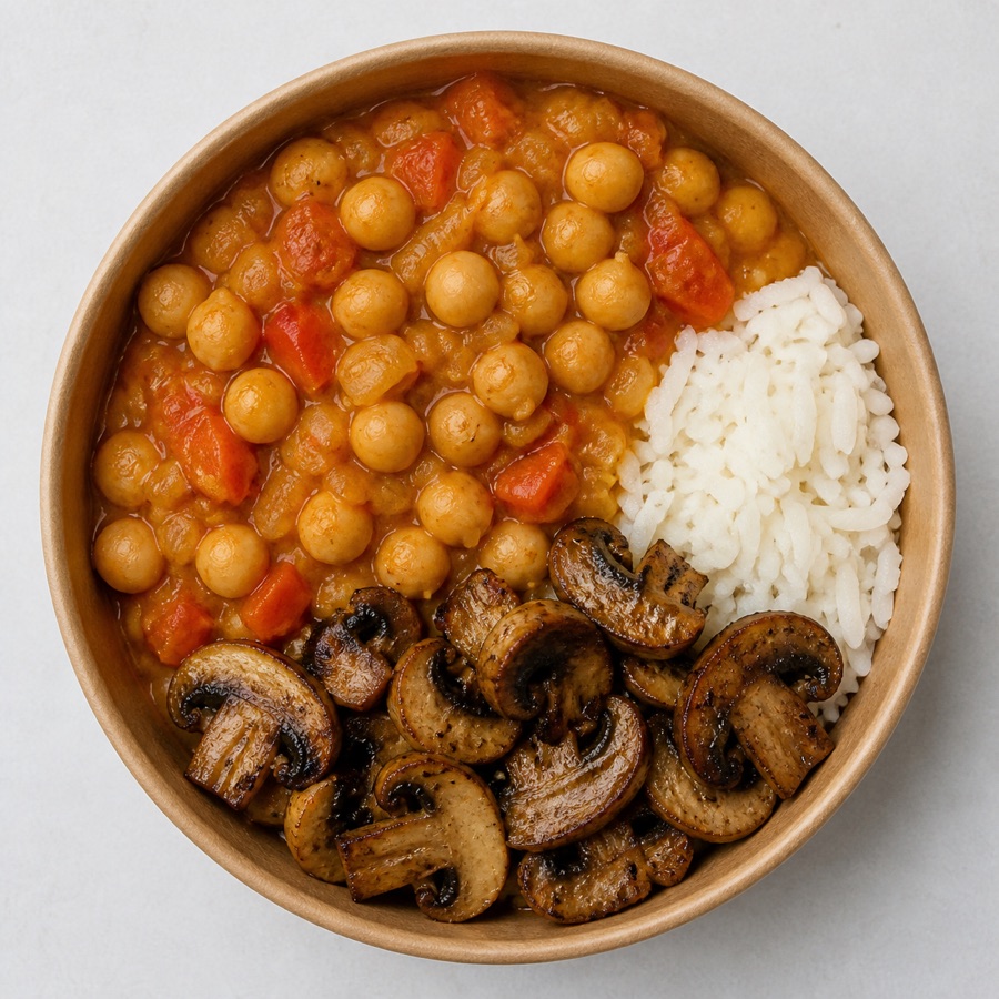 Vista cenital de Guiso de garbanzos con arroz y champiñones asados