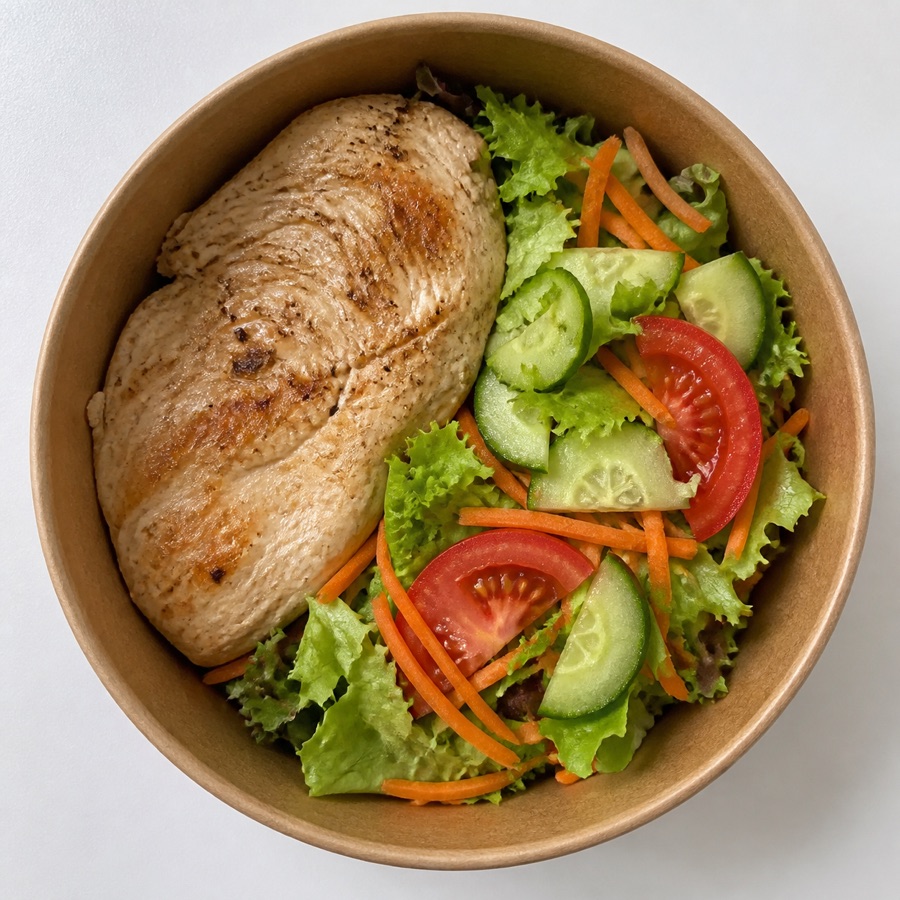 Vista cenital de Pechuga a la plancha con ensalada surtida