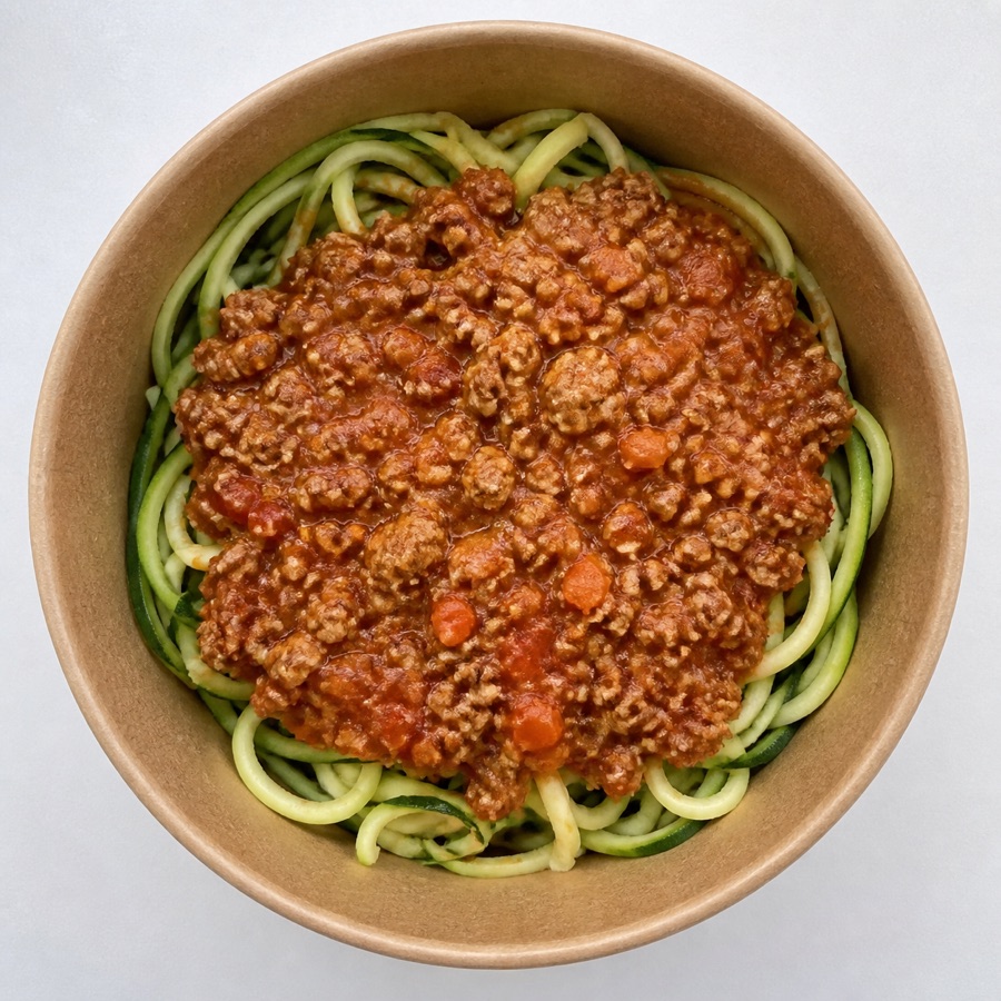 Vista cenital de Zoodles con salsa boloñesa